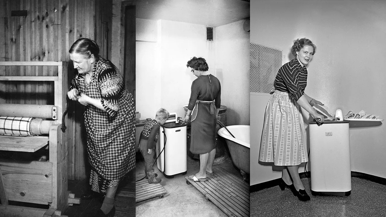 kolme kuvaa rinnakkain: vanhat kodinkoneet ja niitä käyttävät naiset