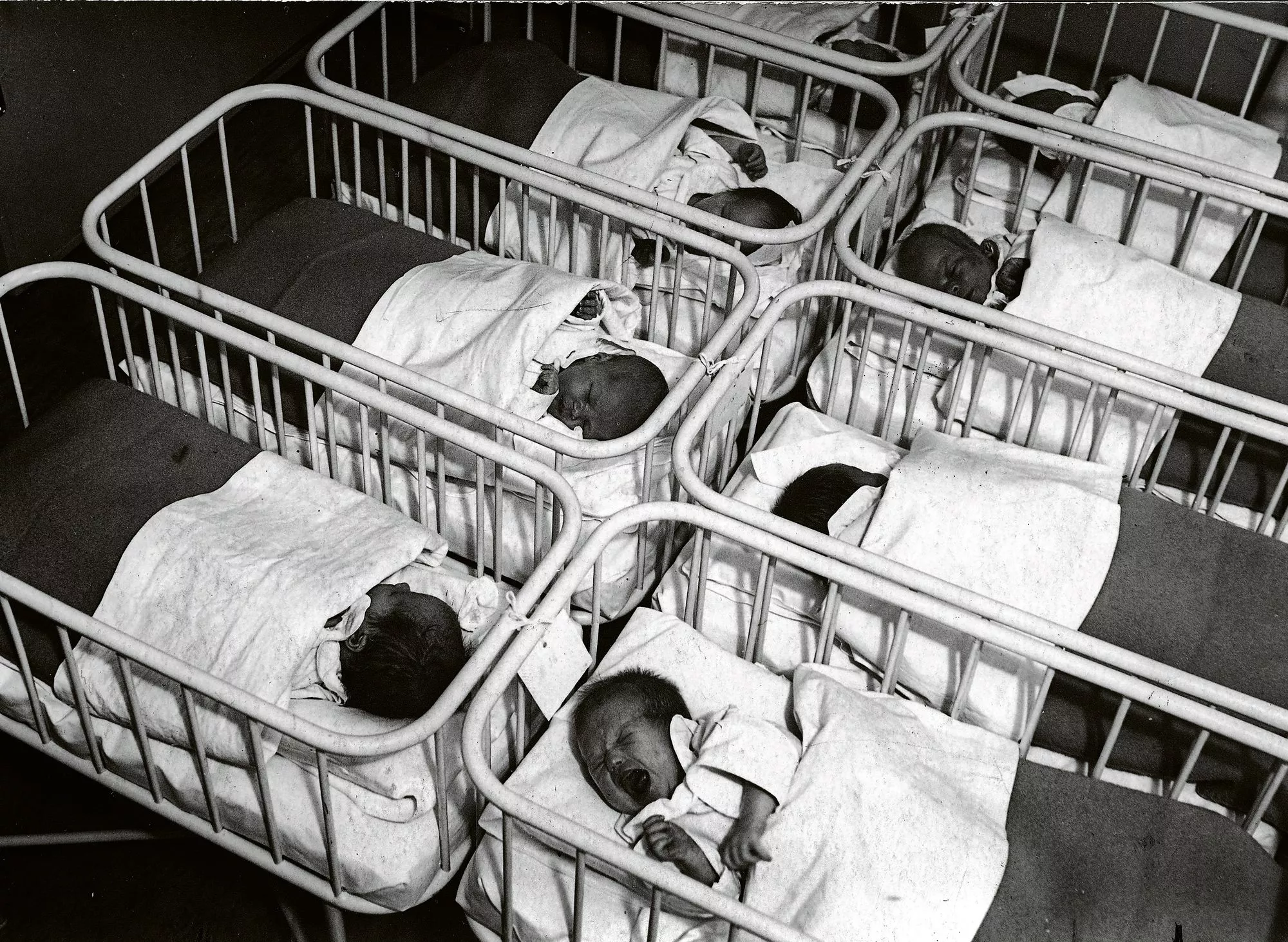 Vastasyntyneitä makaa sängyissään sairaalassa vuonna 1938.