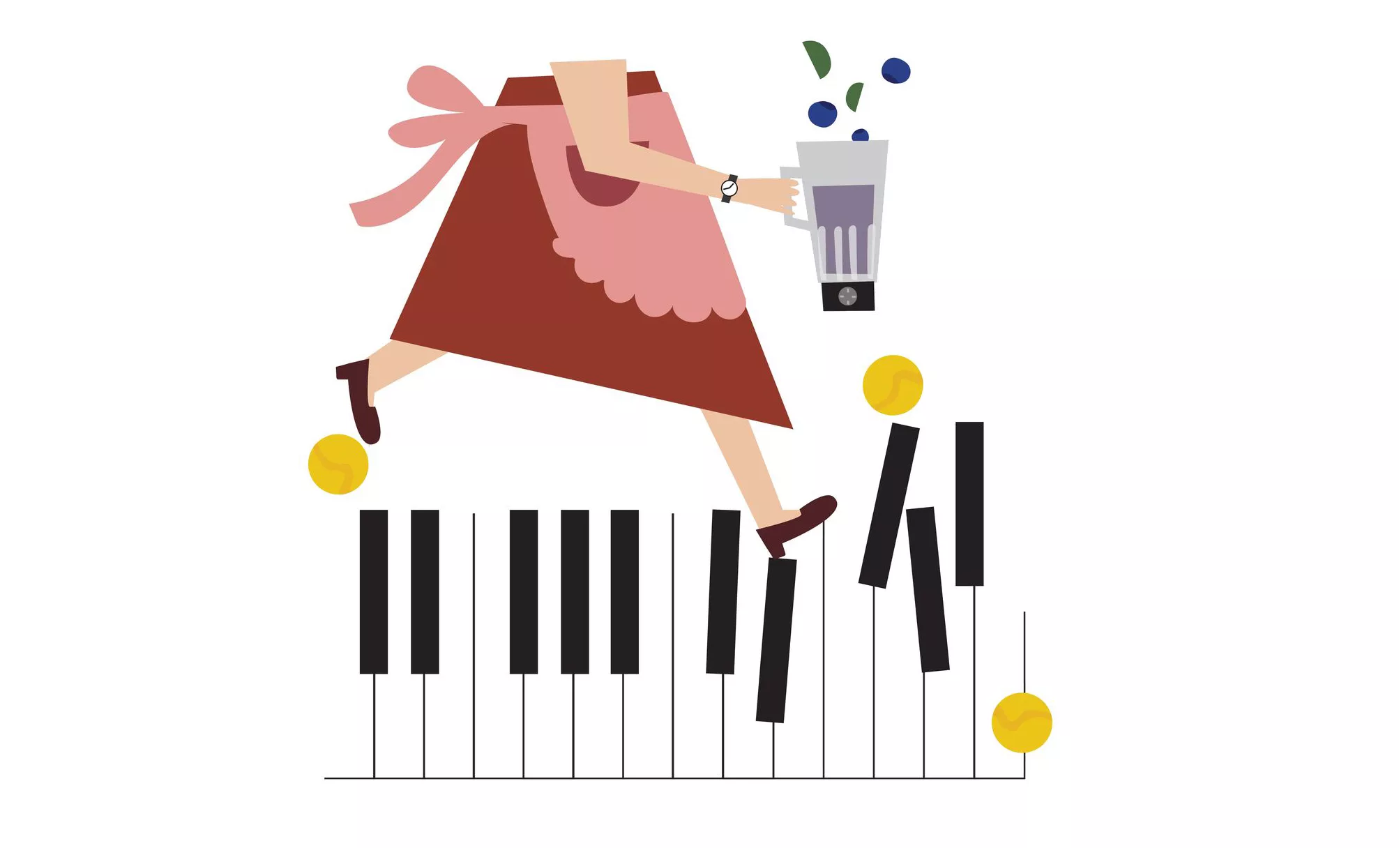 Piirroskuva, nainen tanssii pianon koskettimilla.