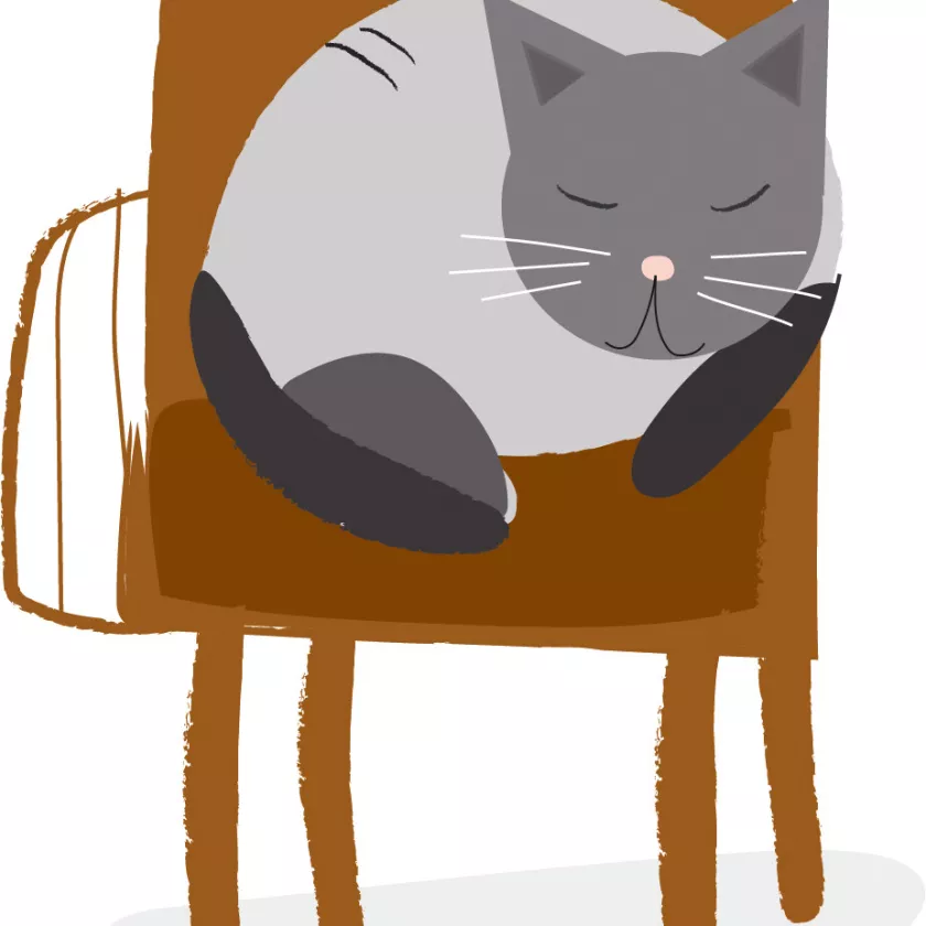 Piirroskuva kissasta käpertyneenä nojatuoliin.