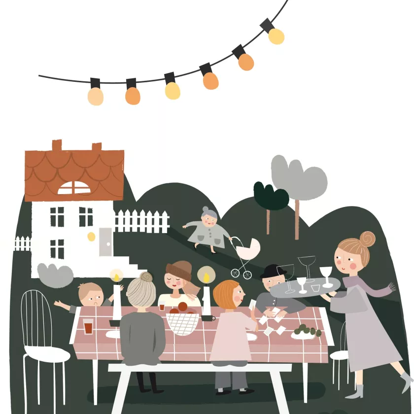 Piirroskuva perheestä nauttimassa juhla-ateriaa ulkona pöydän ääressä.