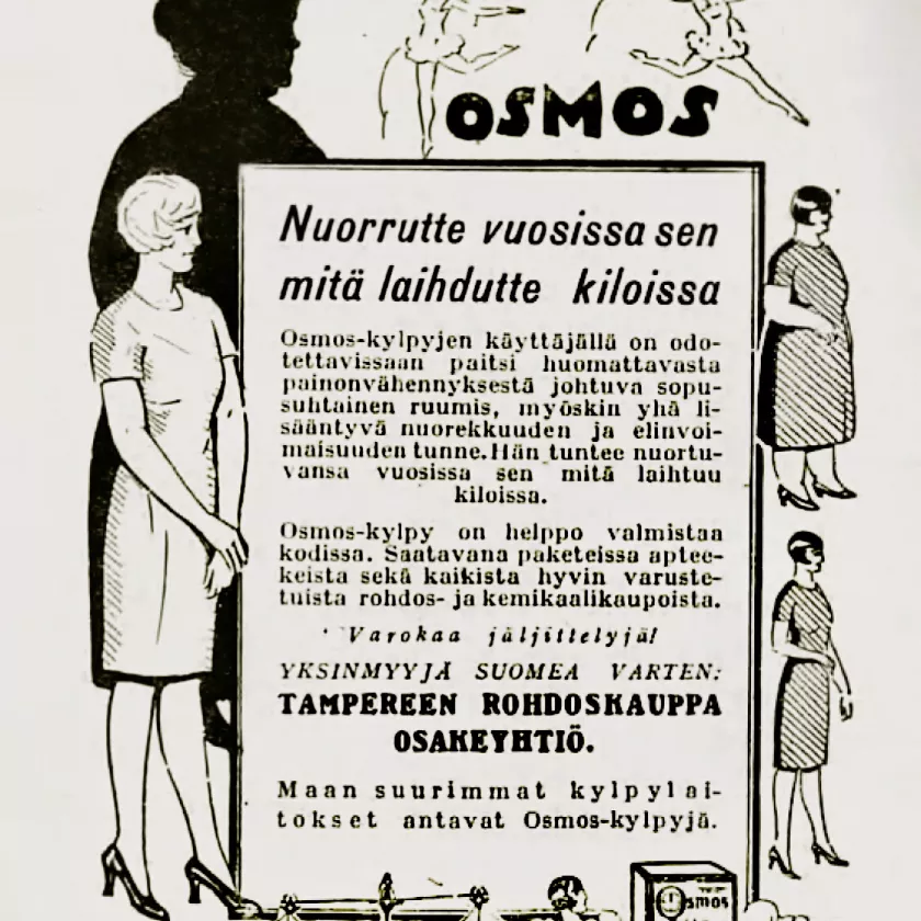 Liian hyvää ollakseen totta? Huomattavaa painonvähennystä vain kylvyssä pötköttelemällä lupaili mainos Kotiliedessä vuonna 1928.