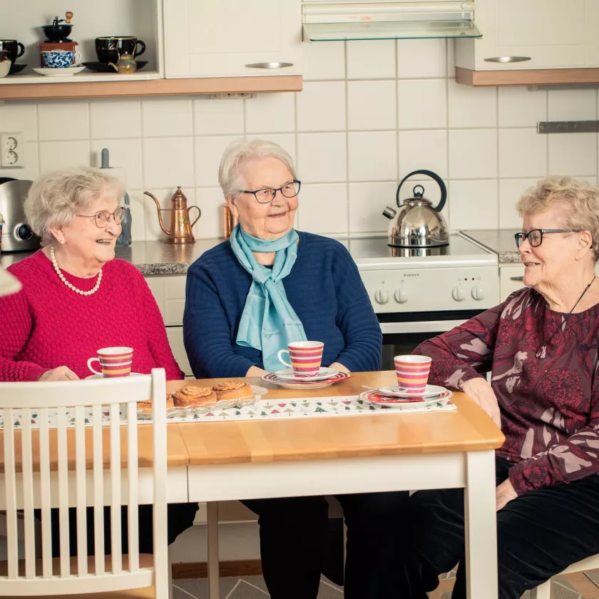 Itse valittu perhe, jonka jäsenet Raija Viitanen, Terttu Kauppinen ja Eila Raikaslehto istuvat kahvipöydässä