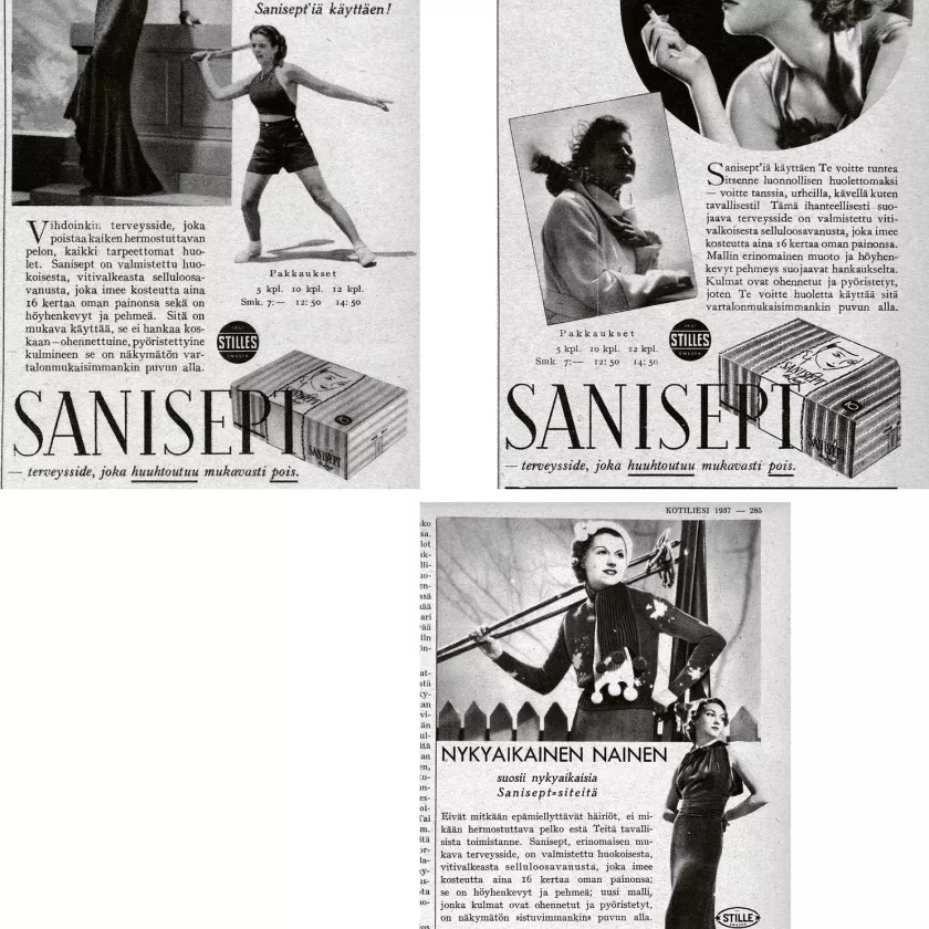 Teollisesti valmistettujen terveyssiteiden mainokset ilmestyivät Kotilieteen 1930-luvun lopussa.