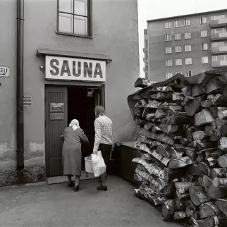 Komeat halkopinot Kolmannen linjan saunan edustalla vuonna 1976.
