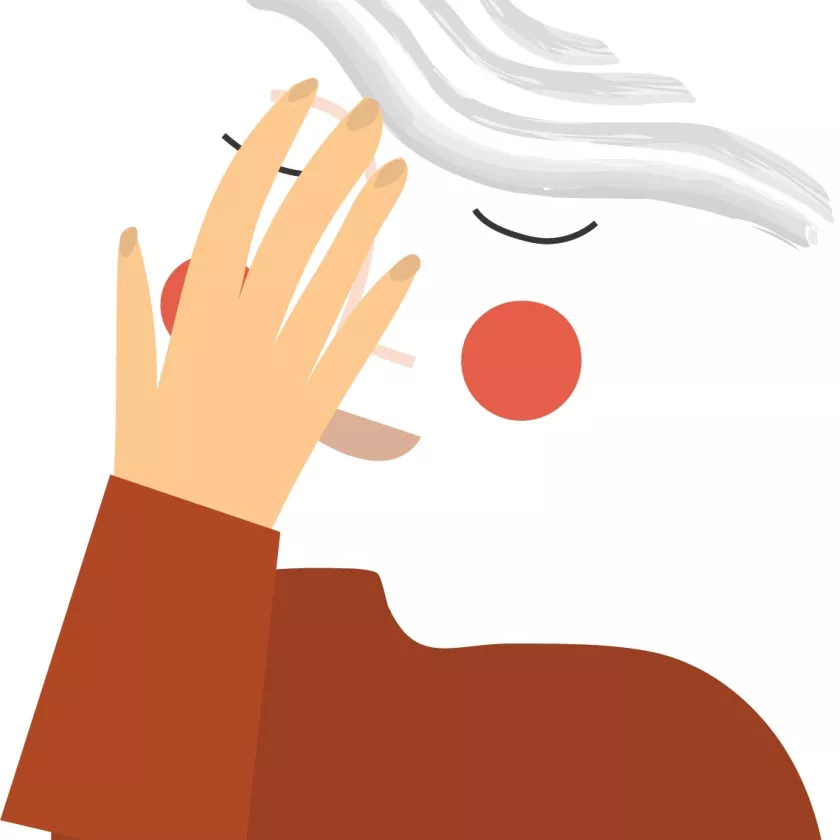 Piirroskuva naisesta, joka peittää kasvonsa kädellään.