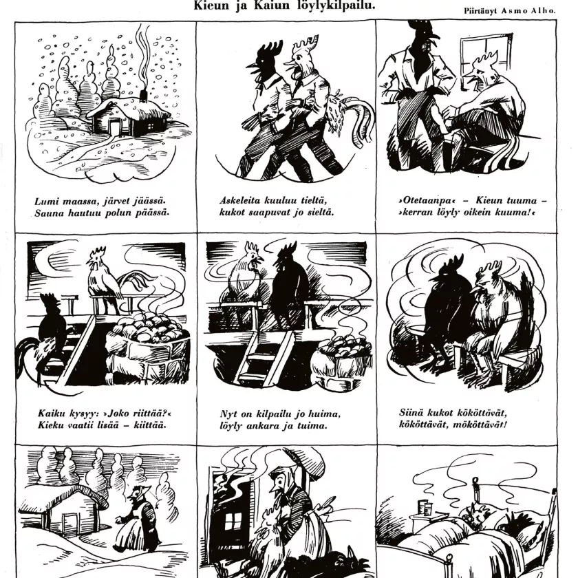 Aluksi Kieku ja Kaiku näyttivät aikuisilta ja miltei ihmismäisiltä, kunnes ne muuttuivat pyöreäpäisiksi ja lapsenkaltaisiksi. Vasemmanpuolisen sarjakuvan riimittely vuodelta 1935 on J.F. Ruotsalaisen käsialaa. 
