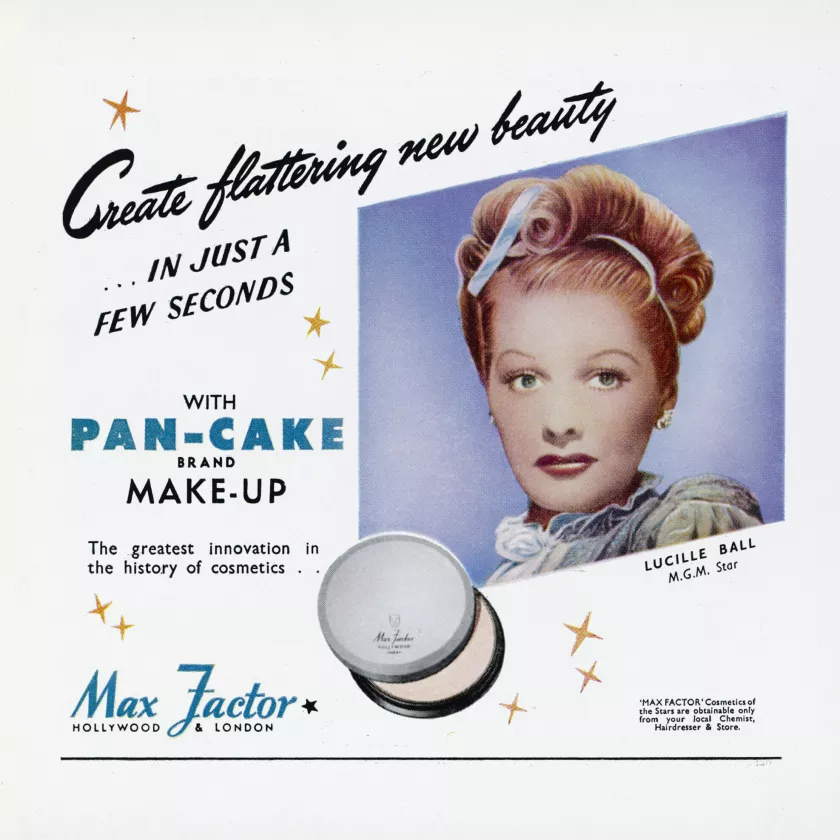 Max Factor Pan-Cake -meikkivoiteen mainoksessa vuonna 1946 yhdysvaltalainen näyttelijä Lucille Ball.