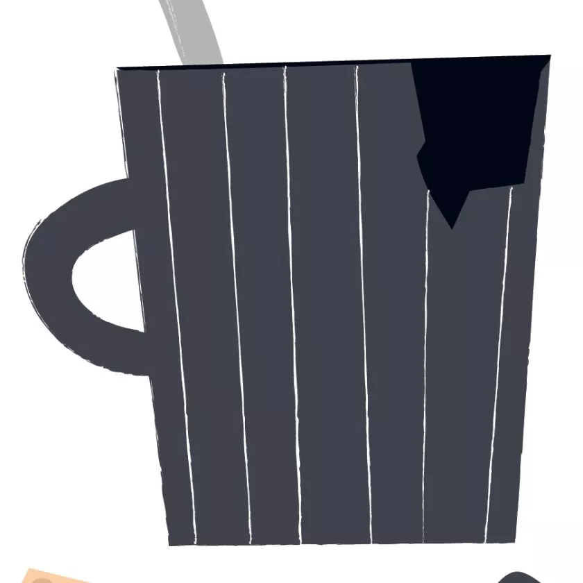 Piirroskuva kahvimukista, jota paikataan laastarilla