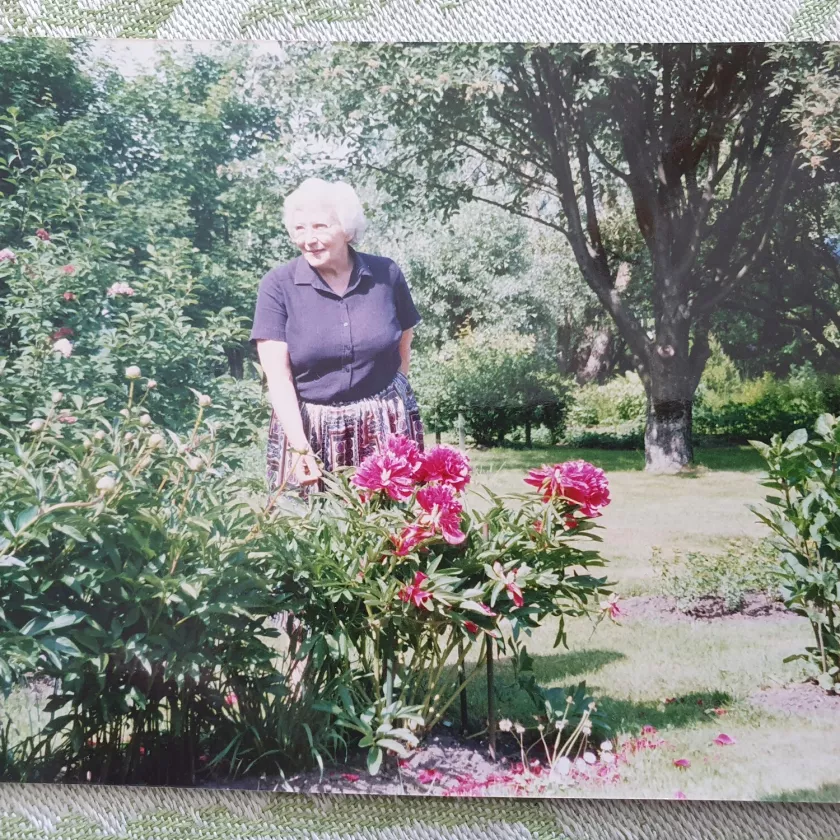 Vanha valokuva Tyyne Ekqvistin puutarhasta. 