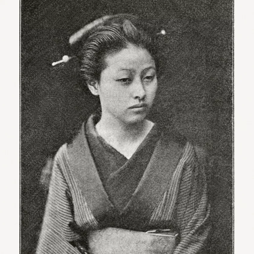 Japani-iskelmiin kuuluivat yksin jätetyt naiset. Eksoottisimmillaan japanitar oli tietenkin geisha. Kuva vuodelta 1904.