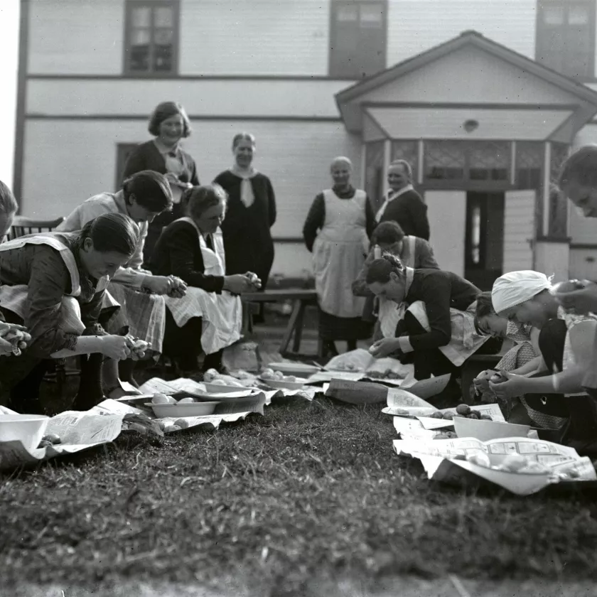 Naiset kuorivat perunoita Kalannissa, Männäisten ruukin kartanorakennuksen pihalla 1929.