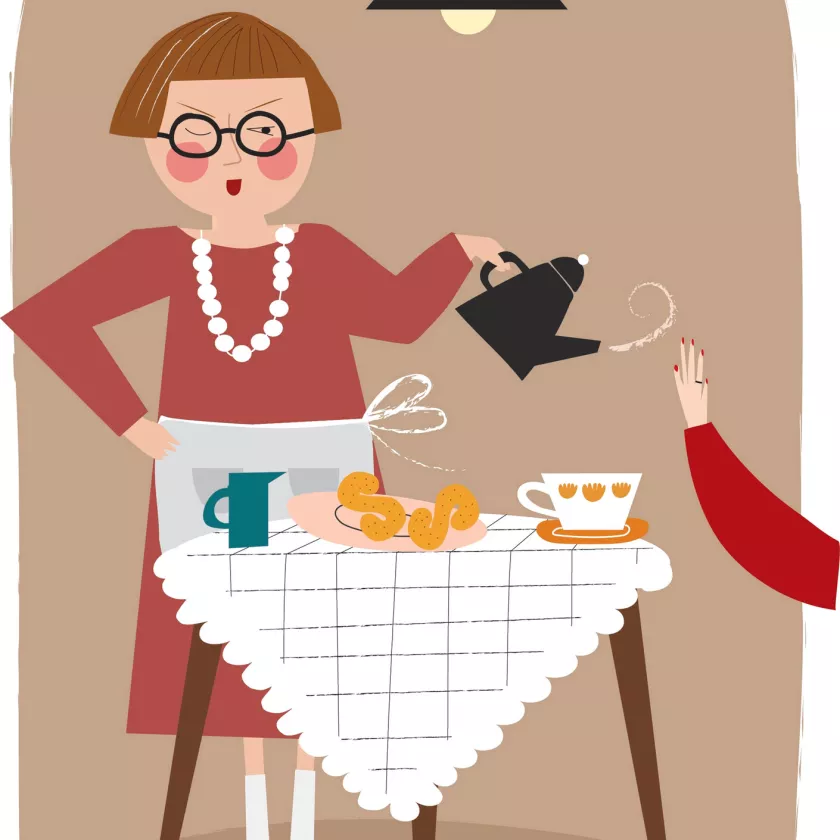Piirroskuva, jossa vanhempi nainen kaataa kahvia nuoremmalle.