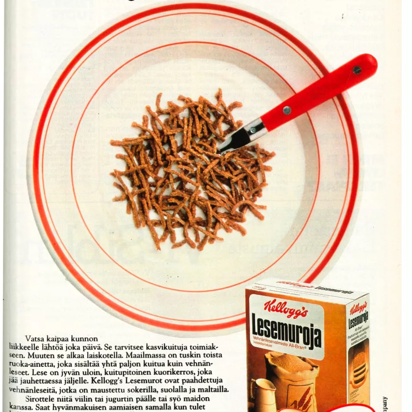 Mainos Kellogsin aamiaismuroista 1980-luvulta.