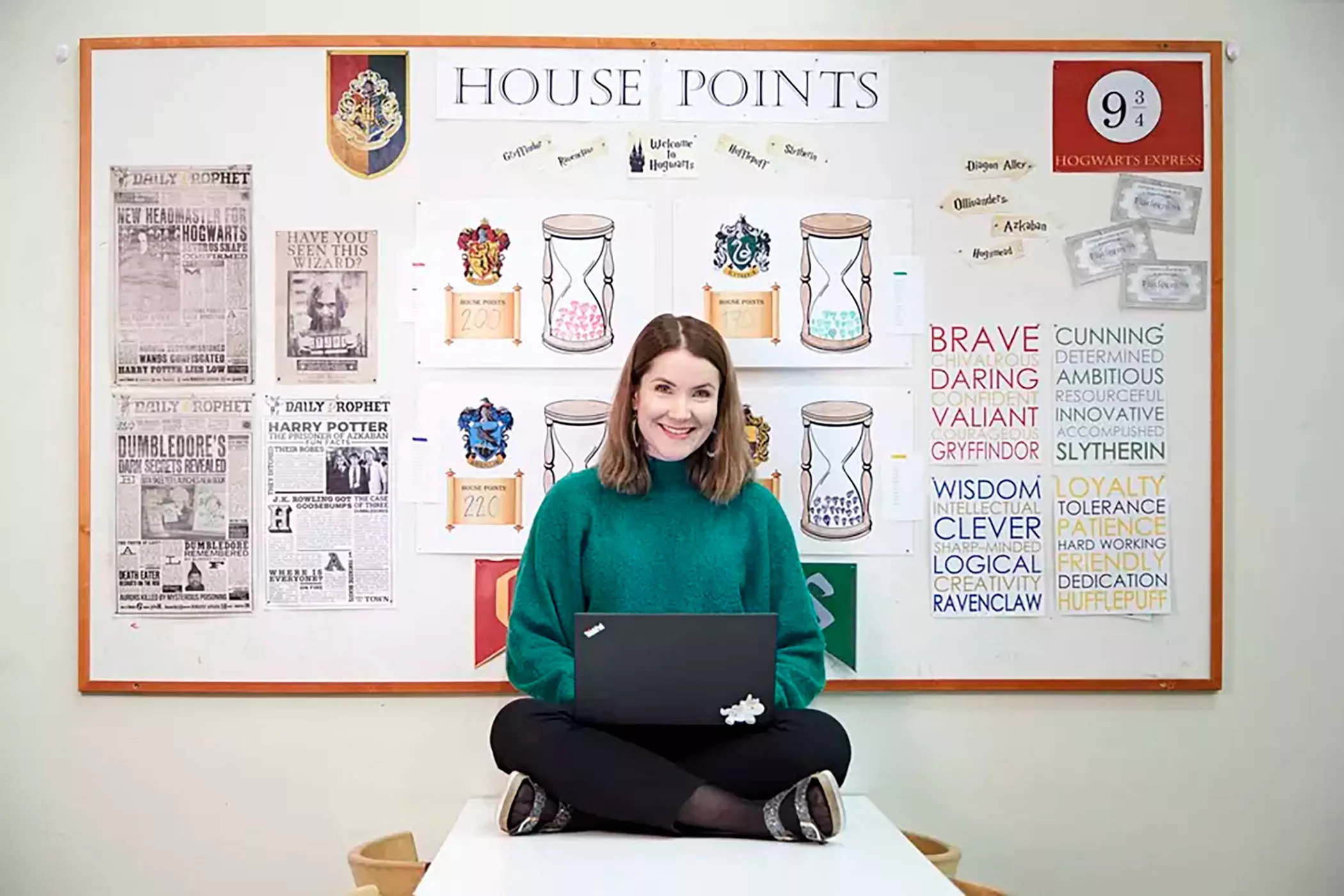 Hanna Hallila istuu pulpetin päällä luokkahuoneessa. Taustalla Harry Potter -aiheista opetusmateriaalia.