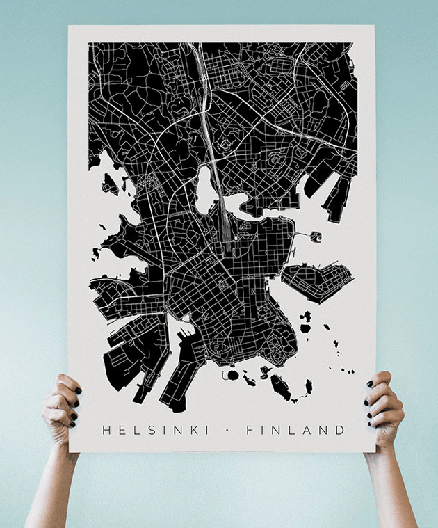 Näytä rakkautesi kotikaupunkia kohtaan - 4 tyylikästä karttajulistetta  Helsingistä 