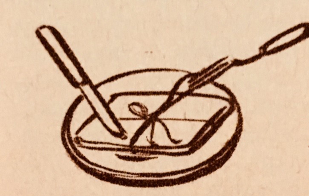 Piirroskuva, jossa paketti lautasella ja veitsi