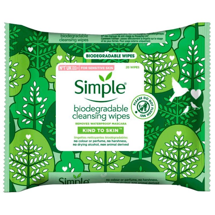 Simple biodegradable cleansing wipes