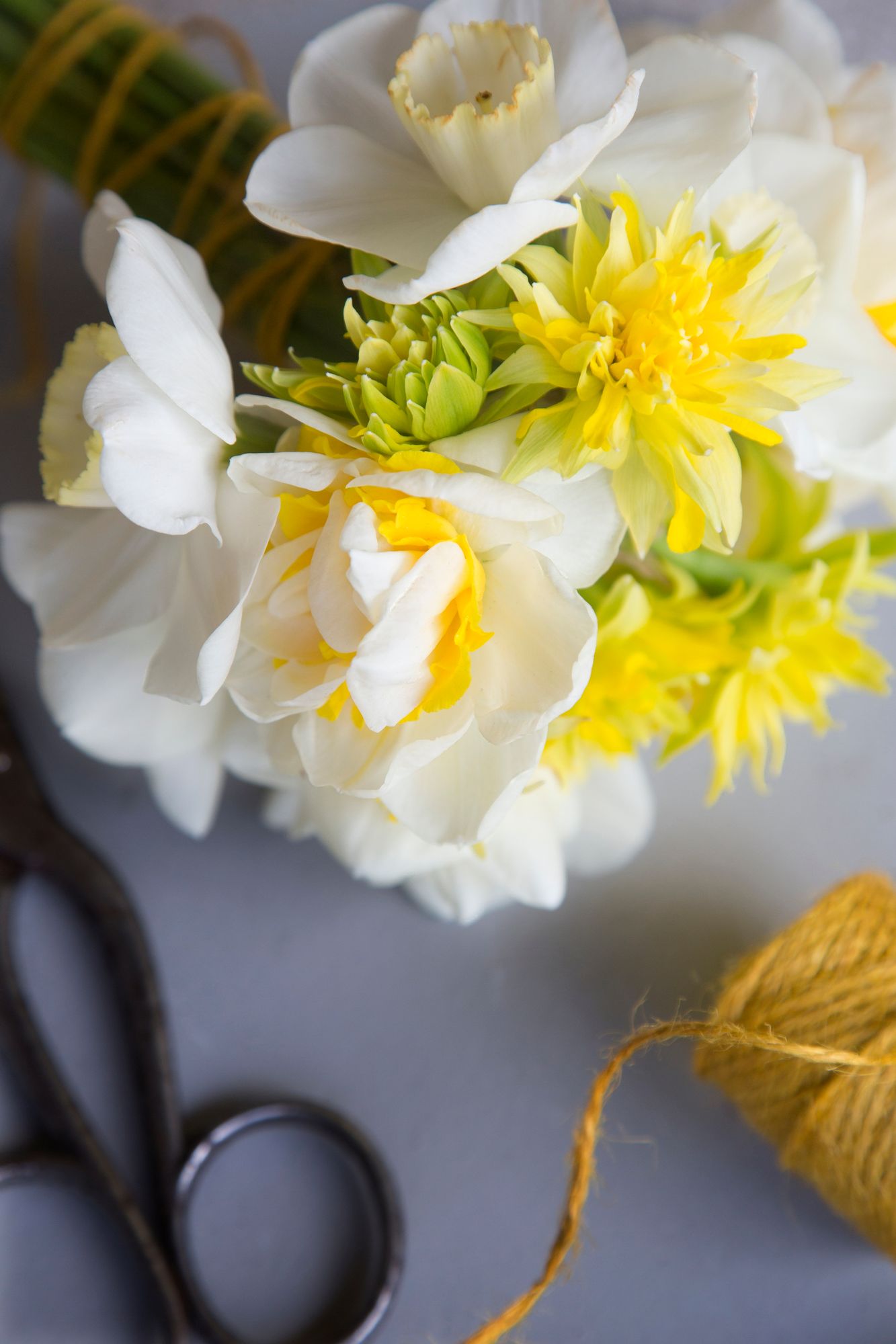 Narsissin lajikkeet sopivat leikkokukiksi, mutta niiden varresta erittyy limaa, joka voi haitata muita samassa maljakossa olevia kukkia. Kokoa narsisseista kimppu käyttämällä eri lajikkeita, kuvan kimpussa muun muassa ’Westward’, ’Geneva’ ja ’Rip van Winkle’ -narsisseja. Yksinkertainen ja tyylikäs kimppu tulee, kun käytät vain kukkavarsia ja poistat lehdet. Sido kukkavarret tiiviiksi nipuksi yhteen hamppunarulla. 