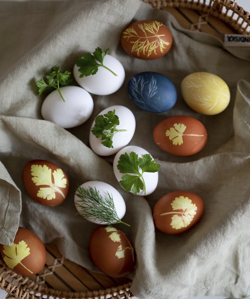 Kananmunien värjääminen onnistuu helposti. Kananmunien luonnolliset värit saa esimerkiksi sipulista, mustikasta, punakaalista ja kurkumasta. Kuva: Anni Reenpää