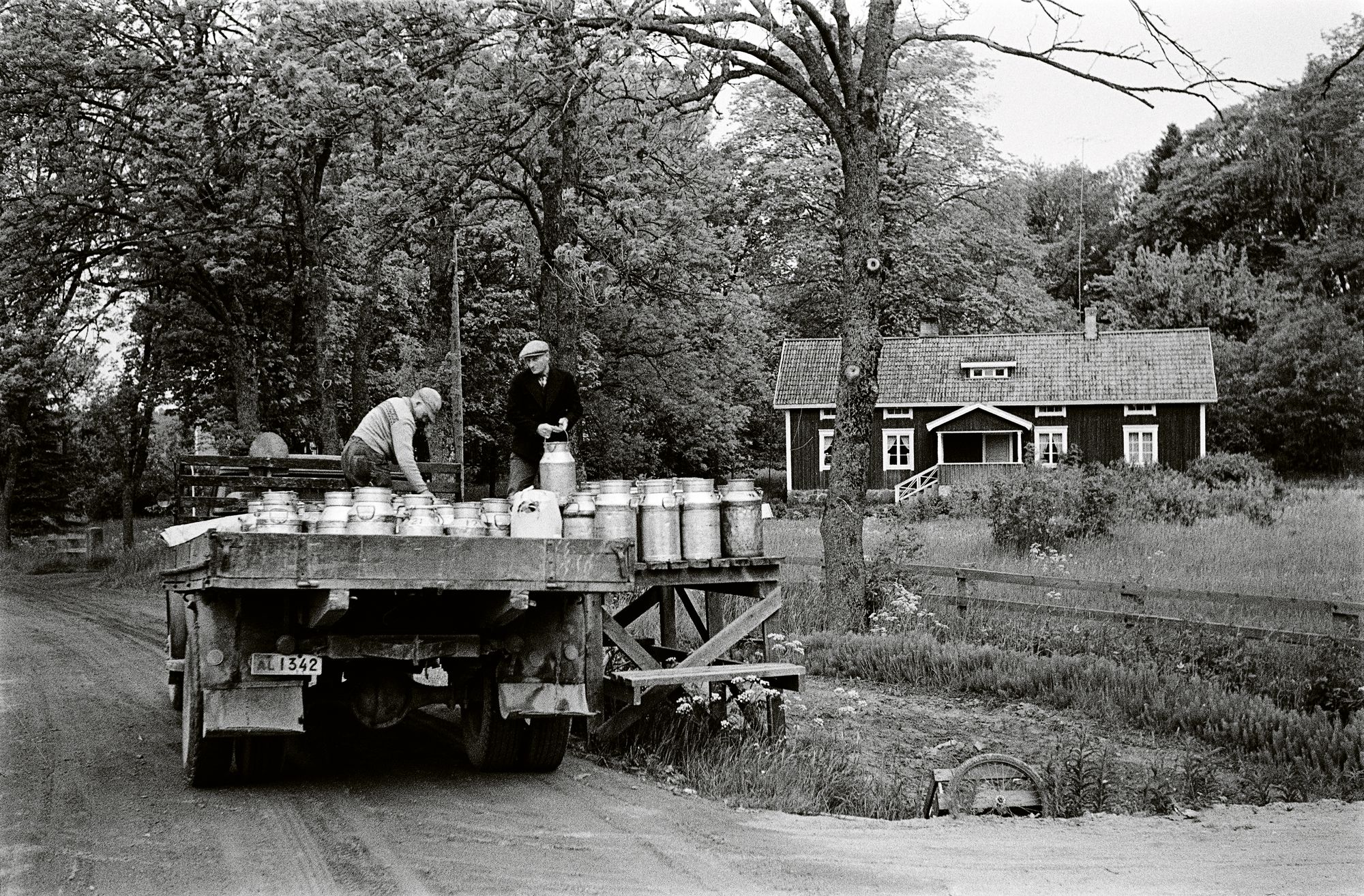 Kaksi miestä nostelee maitotonkkia jo lähes täydelle kuorma-auton lavalle. 