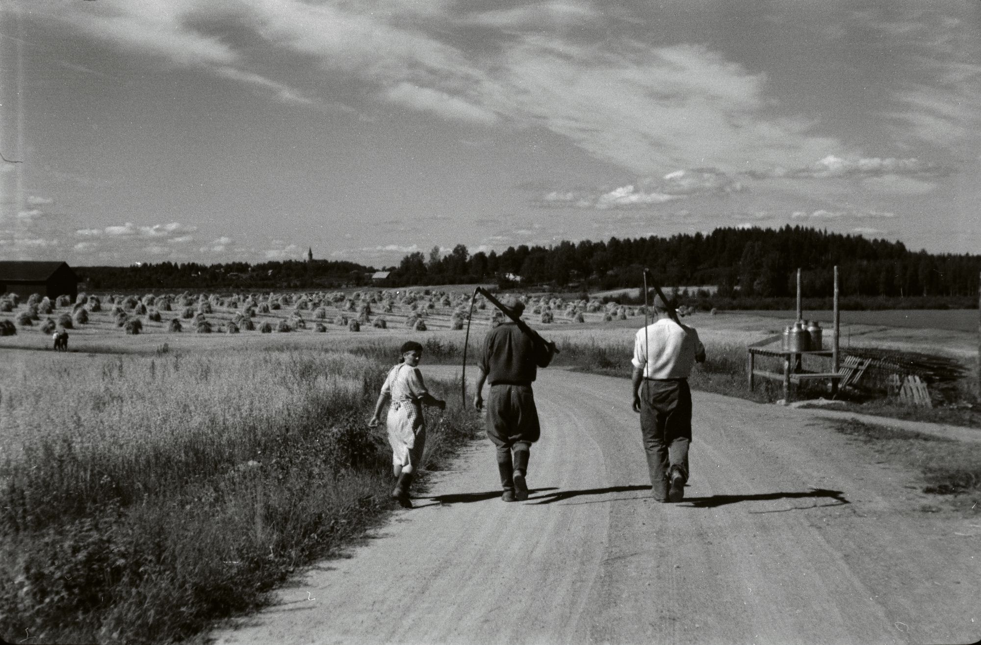 Nainen ja kaksi miestä kävelevät viikatteet olalla maitolavan ohi maantiellä.