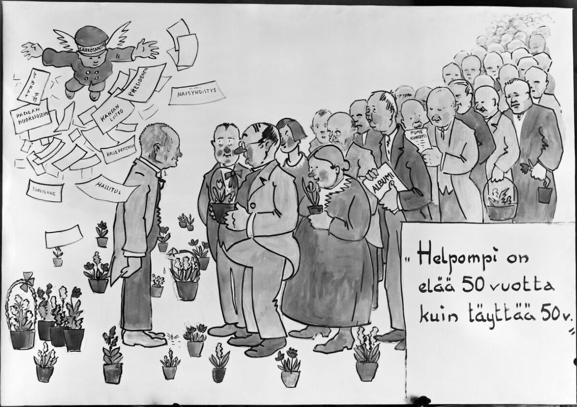 Piirroskuvassa on Elannon toimitusjohtajan Väinö Tannerin 50-vuotispäivänään vuonna 1931 saama onnittelukortti.